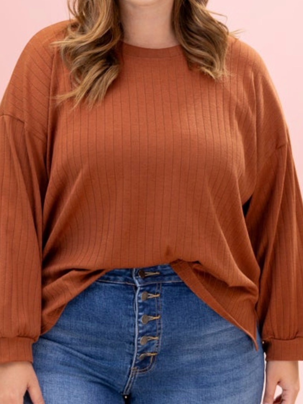 Wide Ribbed Crewneck Long-Sleeve Top in Rust. Small